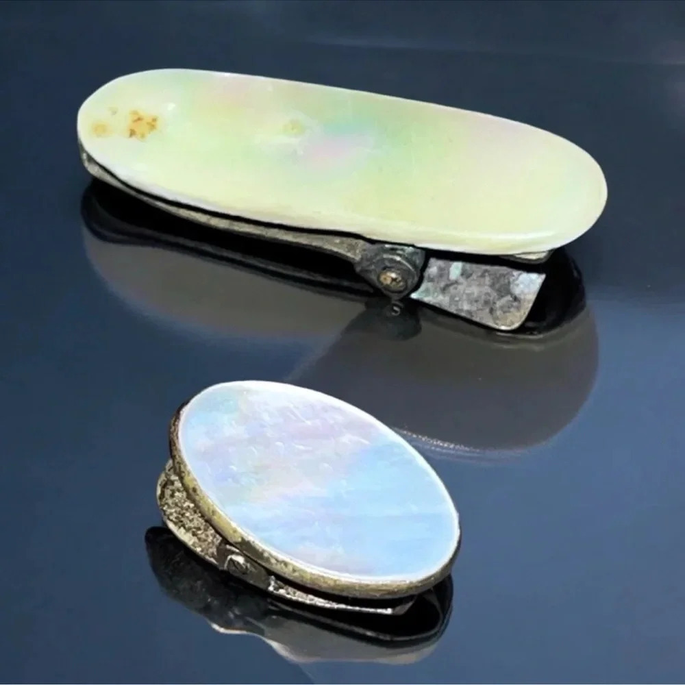 Vintage Mother of Pearl Gold Tone Dress Clip Hair Barrette Tie Clip Set of 2 - Picture 5 of 6